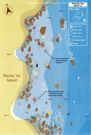 Plan du site de plongée Racha Yai - Baies 1-2