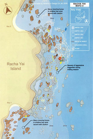 Plan du site de plongée Racha Yai - Baies 2-3